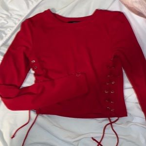 Red lace up long sleeve crop